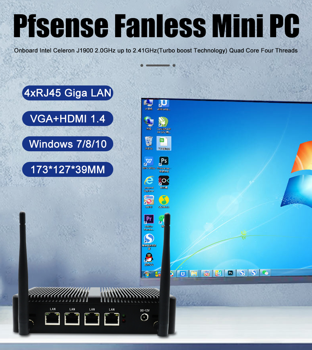 EGSMTPC Tiny Mini PC Intel Celeron J1900 4LAN VGA HDMI 2Displays Fanless PC(图4)