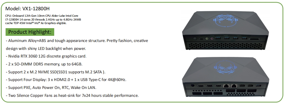 EGSMTPC RTX 3060 12G Discrete Graphics Card Game Mini PC I-ntel C-ore i7-12800H 2*DDR5 Fan PC(图2)