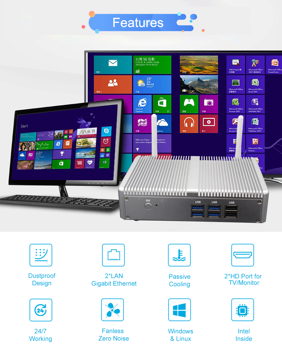 EGSMTPC Smart Mini PC Intel Celeron N3150 Quad Core Four Threads 2LAN 2HD Low -power Fnaless PC(图4)