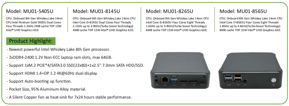 MU01-8265U EGSMTPC 8th Gen Mini PC Intel I5 Quad Core NUC Computer 2*DDR4 M.2 NVMe Win 10 Pro 4K(图2)