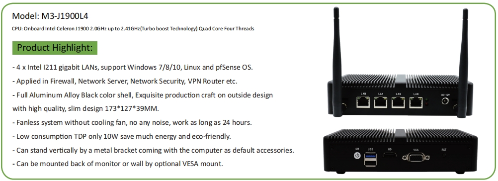 EGSMTPC Tiny Mini PC Intel Celeron J1900 4LAN VGA HDMI 2Displays Fanless PC(图2)
