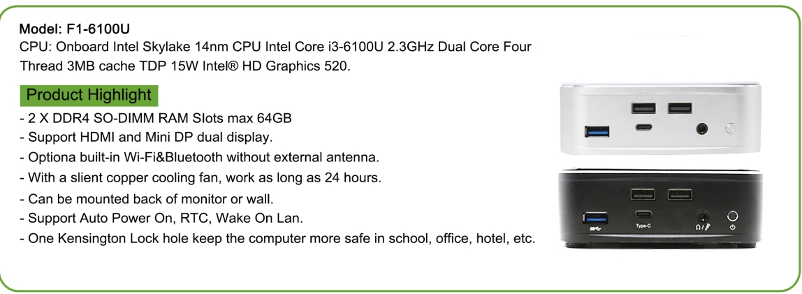 EGSMTPC Game Mini PC Intel Core I3 6100U Single LAN HDMI DP 2Displays Cooling Fan PC(图2)