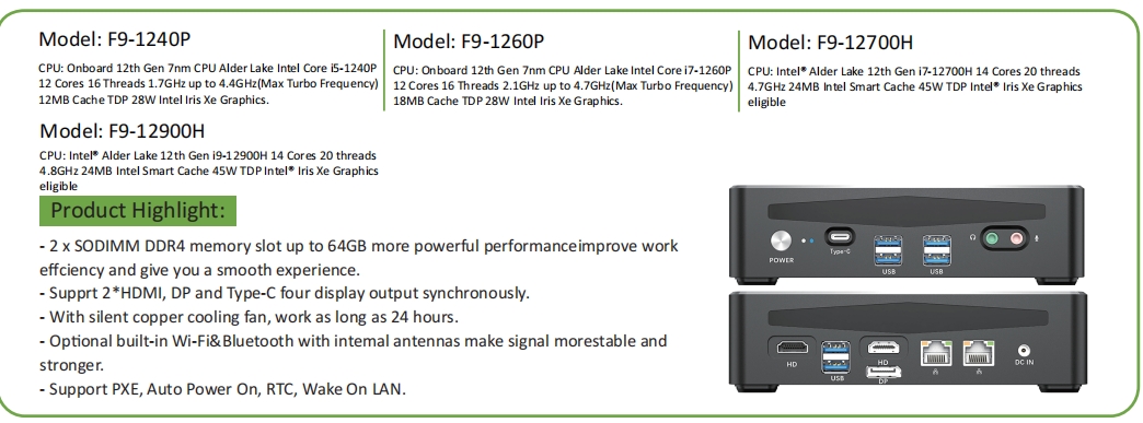 EGSMTPC High-Performance Mini PC Intel Core I5-1240P I7-12700H I9-12900H Dual Lan 2HDMI DP Fan PC(图2)