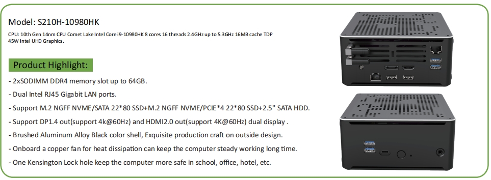 EGSMTPC High Configuration Mini PC Intel Core i9-10980HK 2LAN DP HDMI Support 4K@60Hz Fan PC(图2)