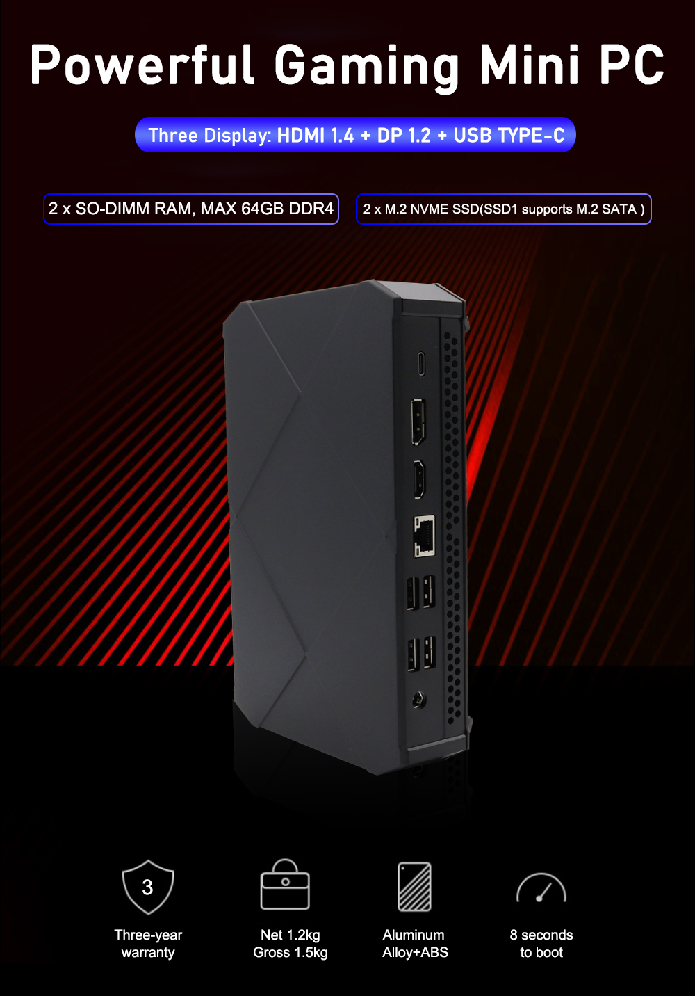 EGSMTPC Discrete Graphics Game Mini PC Intel Core i9-9880H/i7-8750H/i5-10200H DP HDMI TYPE-C Fan PC(图4)
