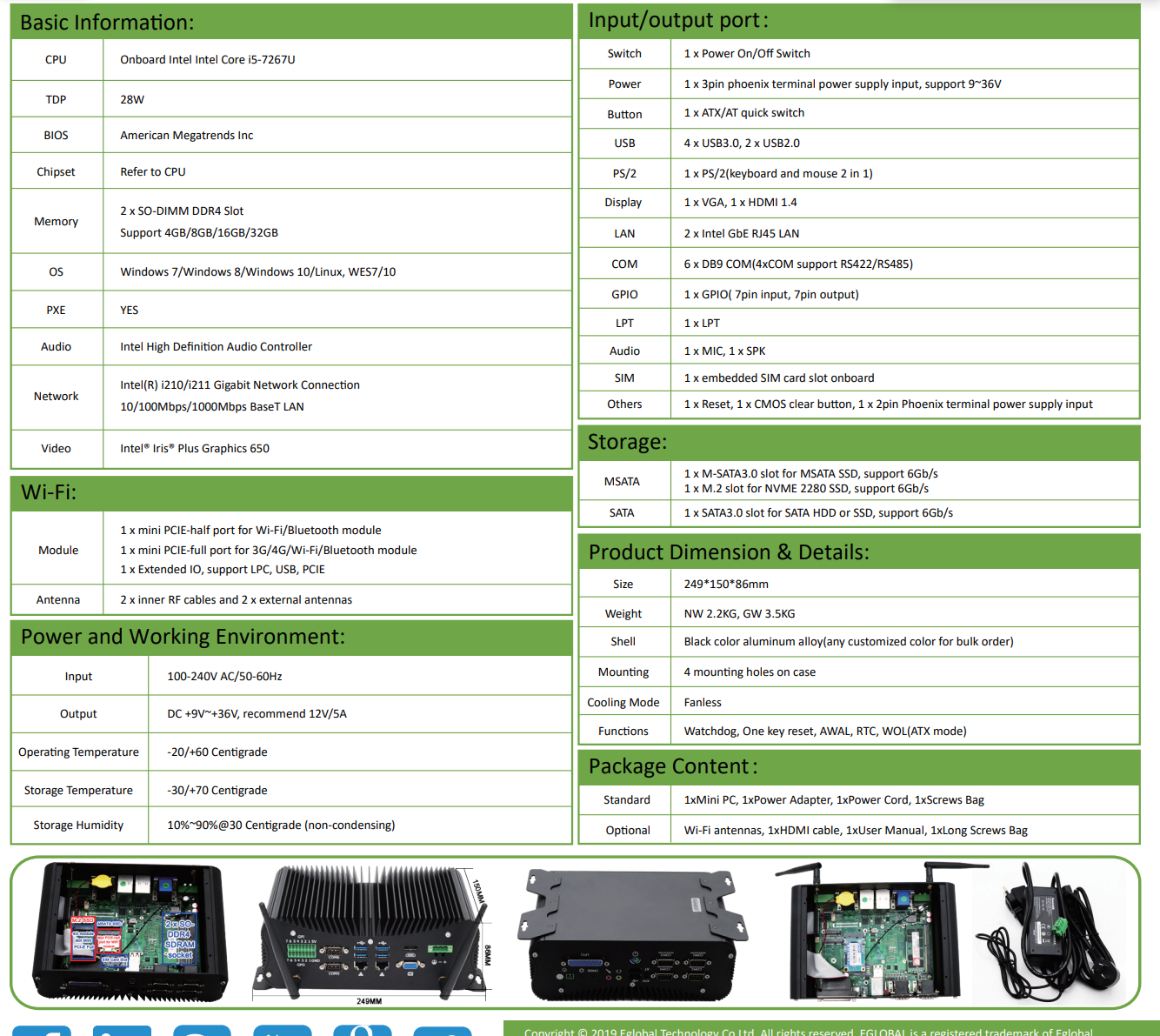 EGSMTPC Fanless Industrial Computer G8 Intel Core i5-7267U 2*LAN Desktop Mini PC 6COM(图5)