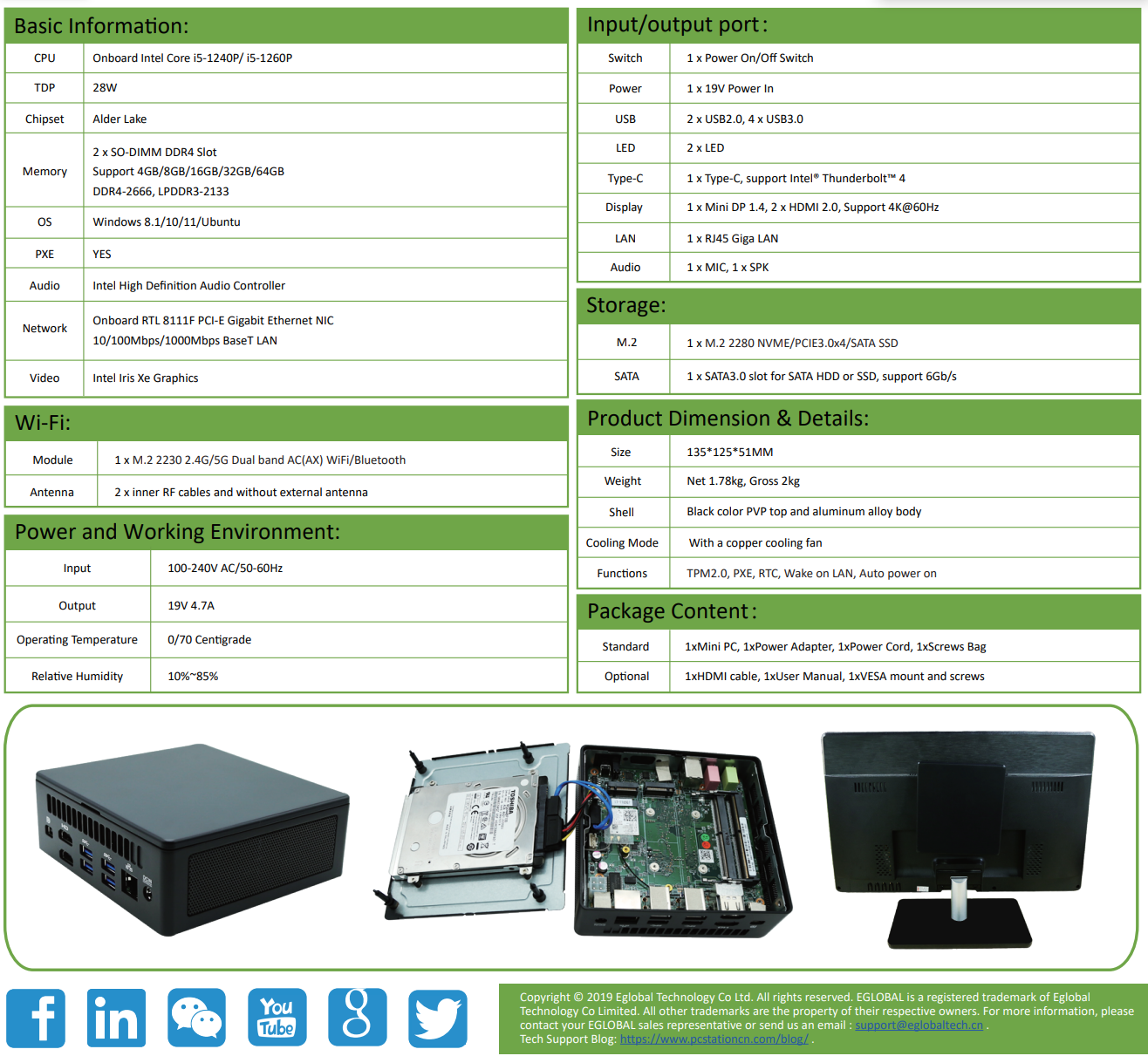 EGSMTPC Fast Mini PC F7 Intel Core i5-1240P/1260P Max 16G DDR4 RAM 3Displays 4K@60Hz NUC PC(图2)